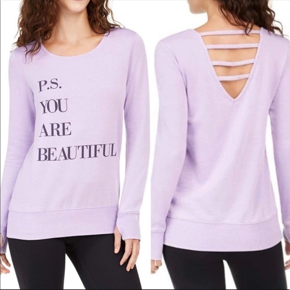 IDEOLOGY P.S. YOU ARE BEAUTIFUL CUT OUT BACK PULLOVER SWEATSHIRT LILAC SZ S NEW